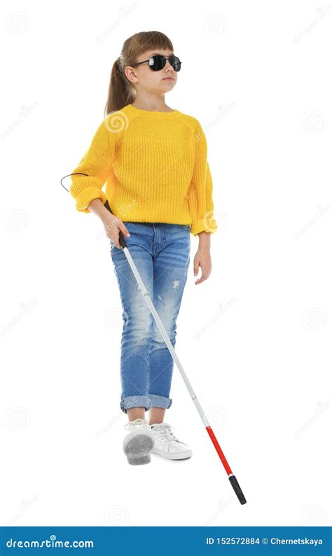 Blind Girl With Long Cane Walking On White Stock Photo Image Of