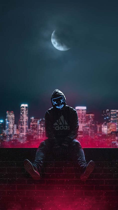 Hoodie Boy Sitting Neon Mask Iphone Wallpaper Hd Iphone Wallpapers