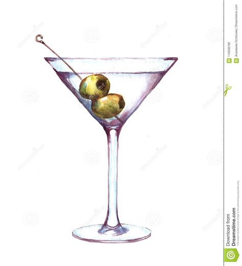Hand Drawn Watercolor Illustration Of The Martini In The Glass With Green Olives Stock