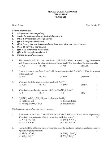 Chemistry DEM MODEL QUESTION PAPER CHEMISTRY CLASS XII Time 3 Hrs