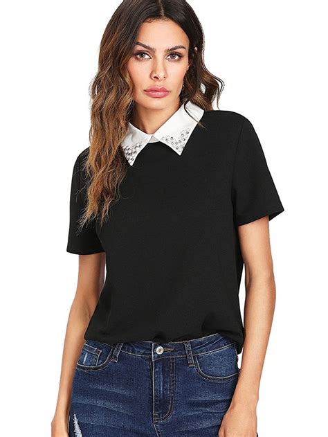 Romwe Womens Cute Contrast Collar Short Sleeve Casual Work Blouse Tops Stylish Tops Clothes