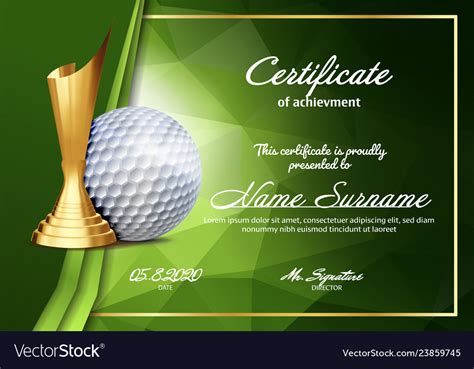 Golf Certificate Diploma With Golden Cup Vector Image