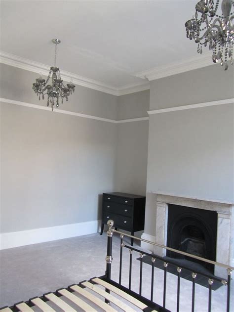 Guest Room - Farrow and Ball Pavilion Grey walls and double chandeliers