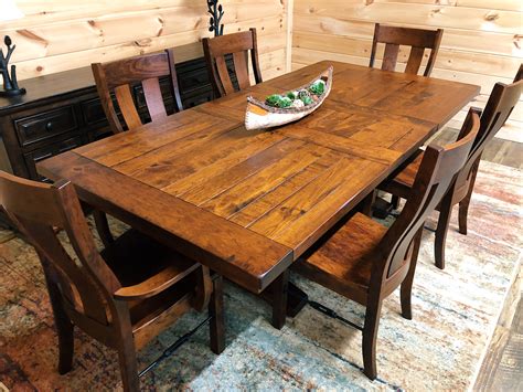 Vintage oak extending refectory farmhouse kitchen dining table and chairs stripped top with hessian colour chalk paint and chairs matching. Bayfield Cherry Amish Dining Table - Mountain Top Furniture