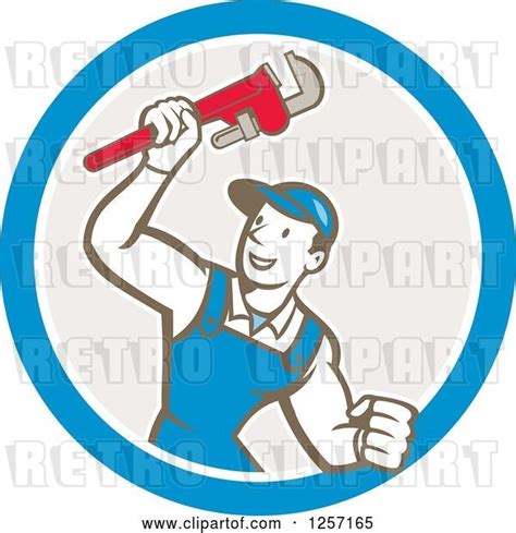 Vector Clip Art Of Retro Cartoon White Male Plumber Holding Up A Monkey