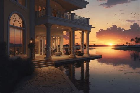 Sunset At Luxury Waterfront Modern Home Stock Illustration