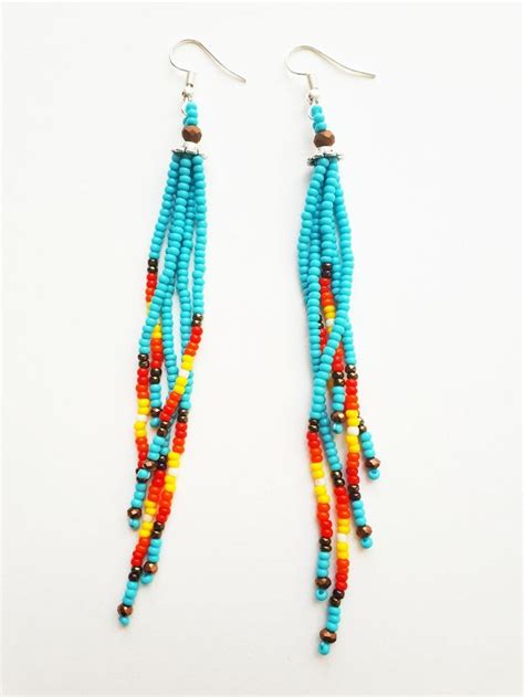 Long Native American Beaded Earrings Turquoise Seed Bead Etsy Beaded Earrings Beaded