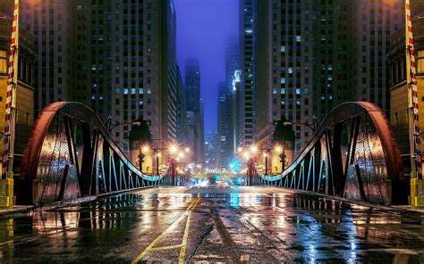 Illinois Night City 1080p Bridge Usa Road Chicago Lights