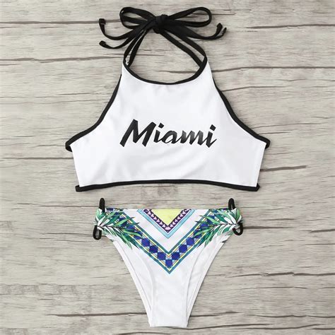 Topmelon Letter Swimsuit Women Halter High Neck Swimwear Bikini Sets