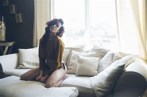 Wallpaper Model Brunette Sweater Bikini Bottoms Kneeling Looking At Viewer Couch Window