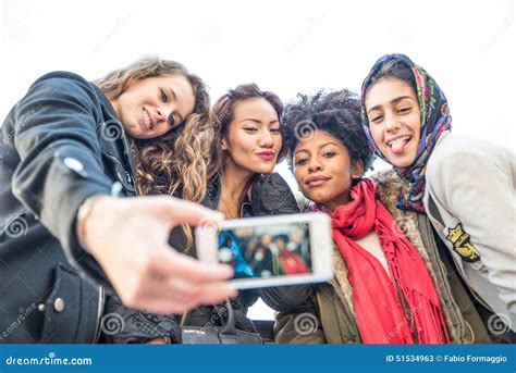 Multiracial Group Of Friends Taking Selfie Stock Image Image Of Lady Embracing 51534963