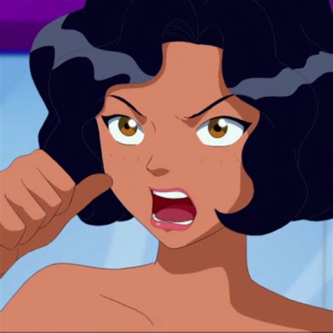 an animated image of a woman brushing her hair with one hand and looking surprised at the camera