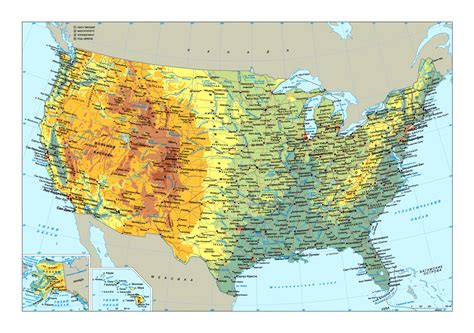 Large Physical Map Of The Usa With Roads And Major Cities In Russian