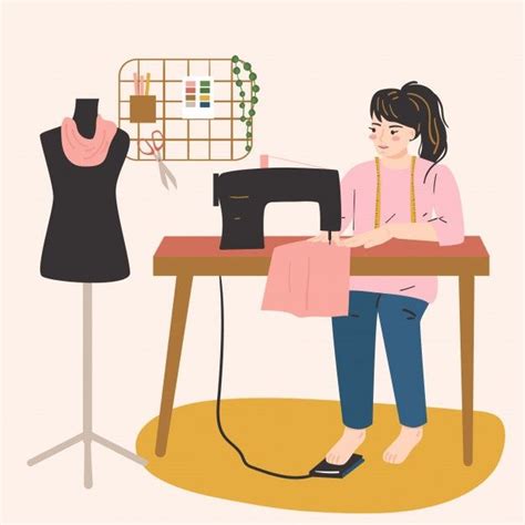 Premium Vector Woman Working With Sewing Machine Female Hobby