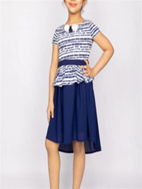 Buy Peppermint Girls Navy Blue And White Striped Printed Pure Cotton