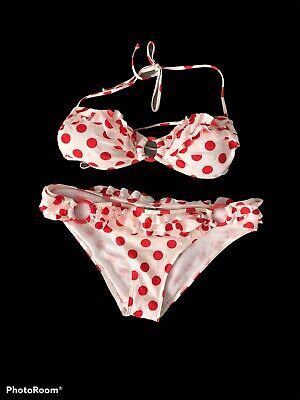 Victorias Secret Pink Red White Polka Dot Bikini Swimsuit Pc Ruffle S
