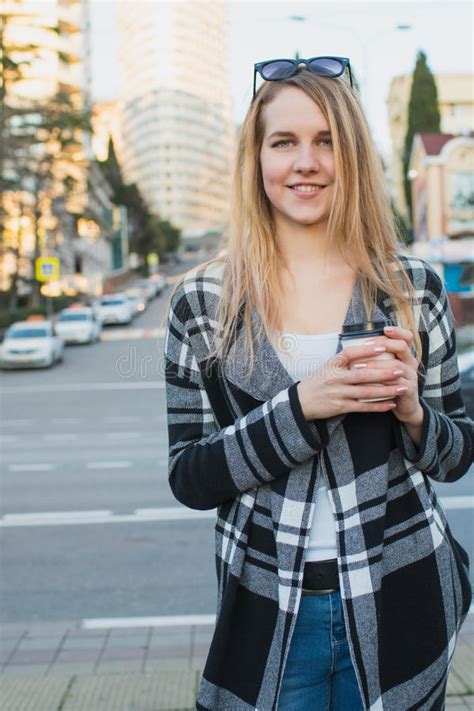 Beautiful Blonde Girl Walking Around City Stock Image Image Of Adult