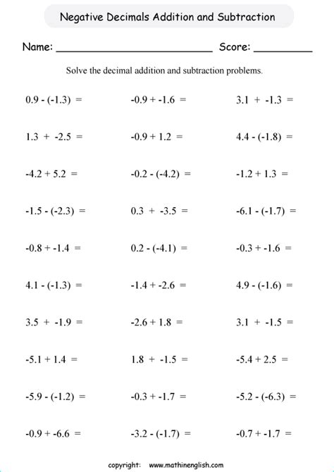 Adding Decimals With Negative Numbers Worksheet