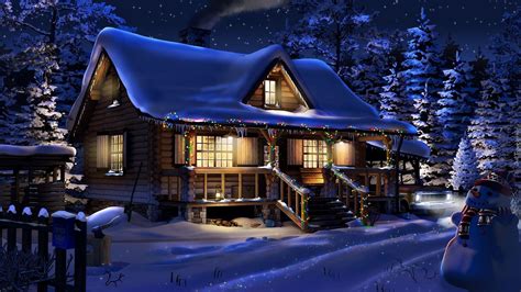 Zima Oświetlony Dom Świątecznie Śnieg Drzewa Bałwan Night
