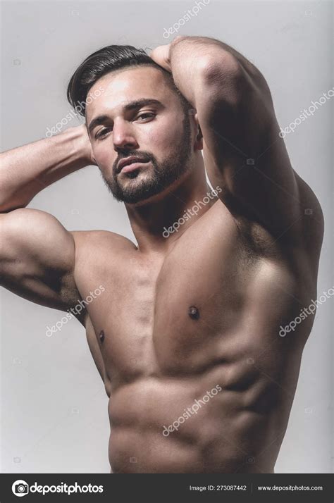 Naked Bearded Man Looks At The Camera Portrait Of Strong Healthy Handsome Athletic Man Fitness