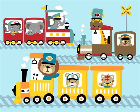 Vector Set Of Steam Train Cartoon With Funny Animals Stock Vector