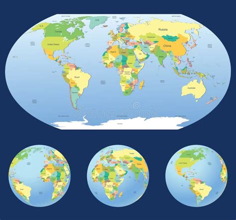 Insieme Dei Globi Del Mondo Nel Modello Di Punto Con La Mappa Del Mondo