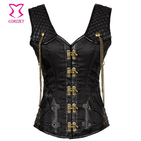 Vintage Black Satin And Leather Punk Gothic Clothing Plus Size Corset 6xl Steampunk Corsets And