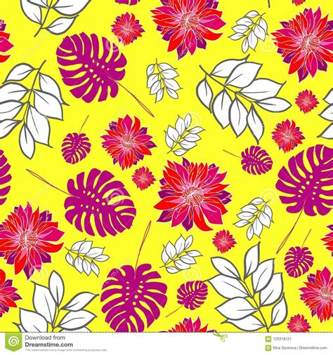 Bright And Colorful Hand Drawn Hawaiian Tropical Leaves