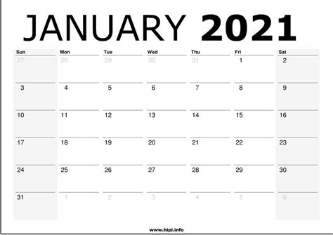 January 2021 Monthly Free Printable Calendar Templates Printable