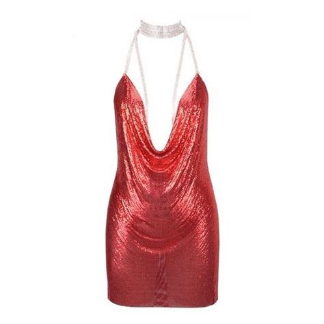 Holiday Chain Gang Metal Chainmail Plunge V Neck Backless Halter Mini