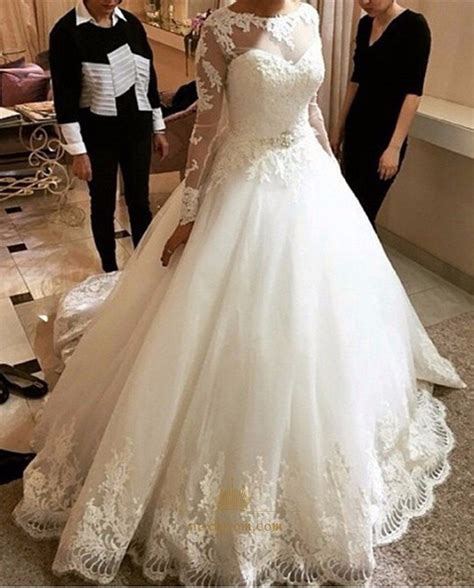 White Sheer Long Sleeve Ball Gown Wedding Dress With Lace Embellished