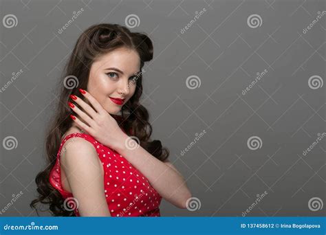 Pin Up Woman Portrait Beautiful Retro Female In Polka Dot Dress With