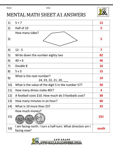 2nd Grade Mental Math Worksheets