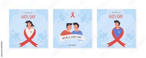 Set Of World Aids Day Card A Female Male And Gay Couple With Red Awareness Ribbon Social