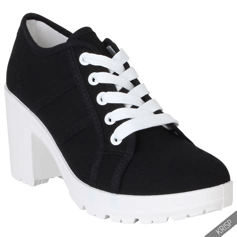 Womens Casual Lace Up Mid High Heel Trainers Canvas Fashion Sneakers