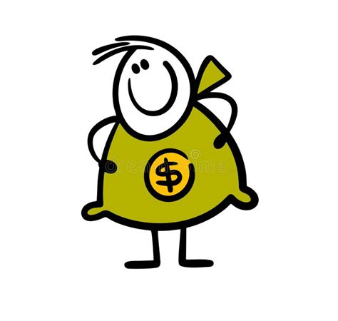 Cartoon Stickman In A Money Bag Suit With A Dollar Sign From The Bank
