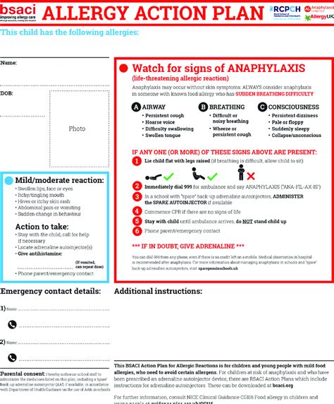 If you're having an anaphylactic reaction, you can follow these steps yourself if you feel able to. Allergy Action Plan from the British Society for Allergy ...