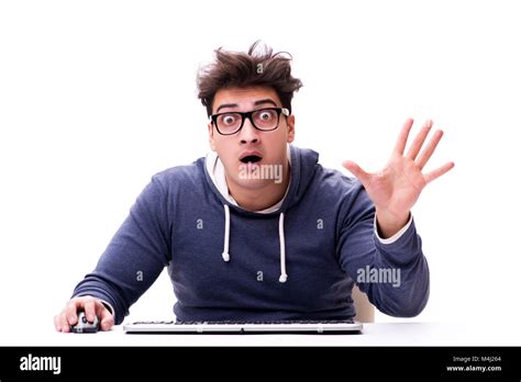 Funny Nerd Man Working On Computer Isolated On White Stock Photo Alamy