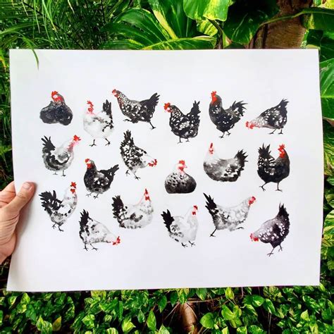 Black And White Chickens Art Print Watercolor Farmhouse Etsy Black