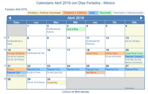 Calendario Abril 2019 para imprimir - México