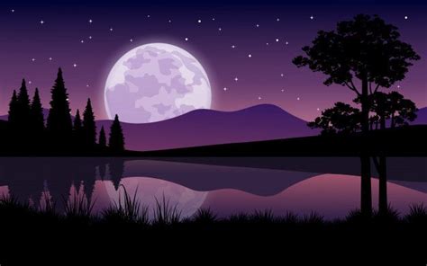 Premium Vector Beautiful Night At Lake With Full Moon Rising And