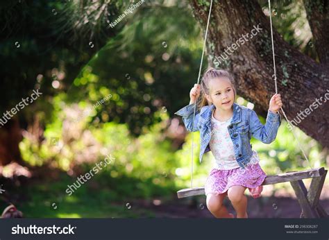 Little Girl Swing Green Park Background Stock Photo 298308287