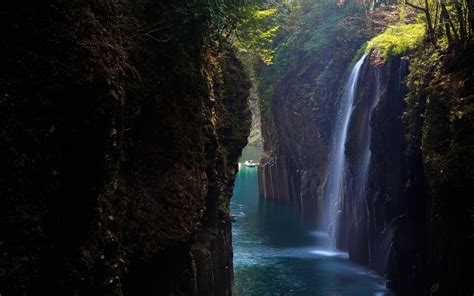 Waterfall Landscape Canyon Nature Japan Shrubs Boat Blue