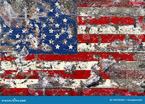 Grungy American Flag On Weathered Concrete Wall Fictional Design Stock