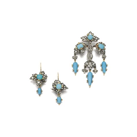 Turquoise And Diamond Brooch And Pair Of Earrings Mid 19th Century