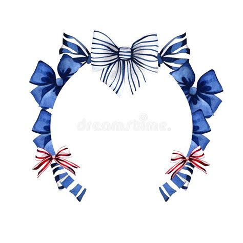 Watercolor Illustration With Blue Striped And Red Bows Set Of