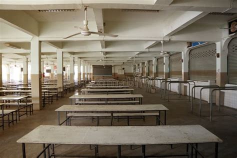 The Empty Tables In The Hall Of The School Cafeteria Stock Photo