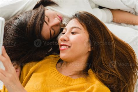 Beautiful Young Asian Women Lgbt Lesbian Happy Couple Hugging And