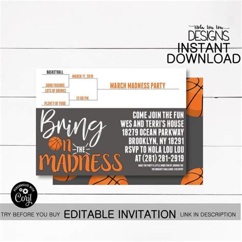 March Madness Invitation Basketball Theme Party March Etsy