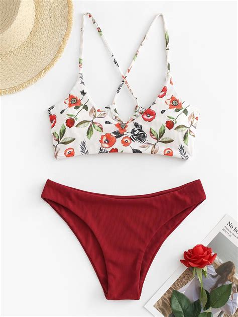[31 off] 2021 zaful ribbed flower print lace up cheeky bikini swimwear in deep red zaful